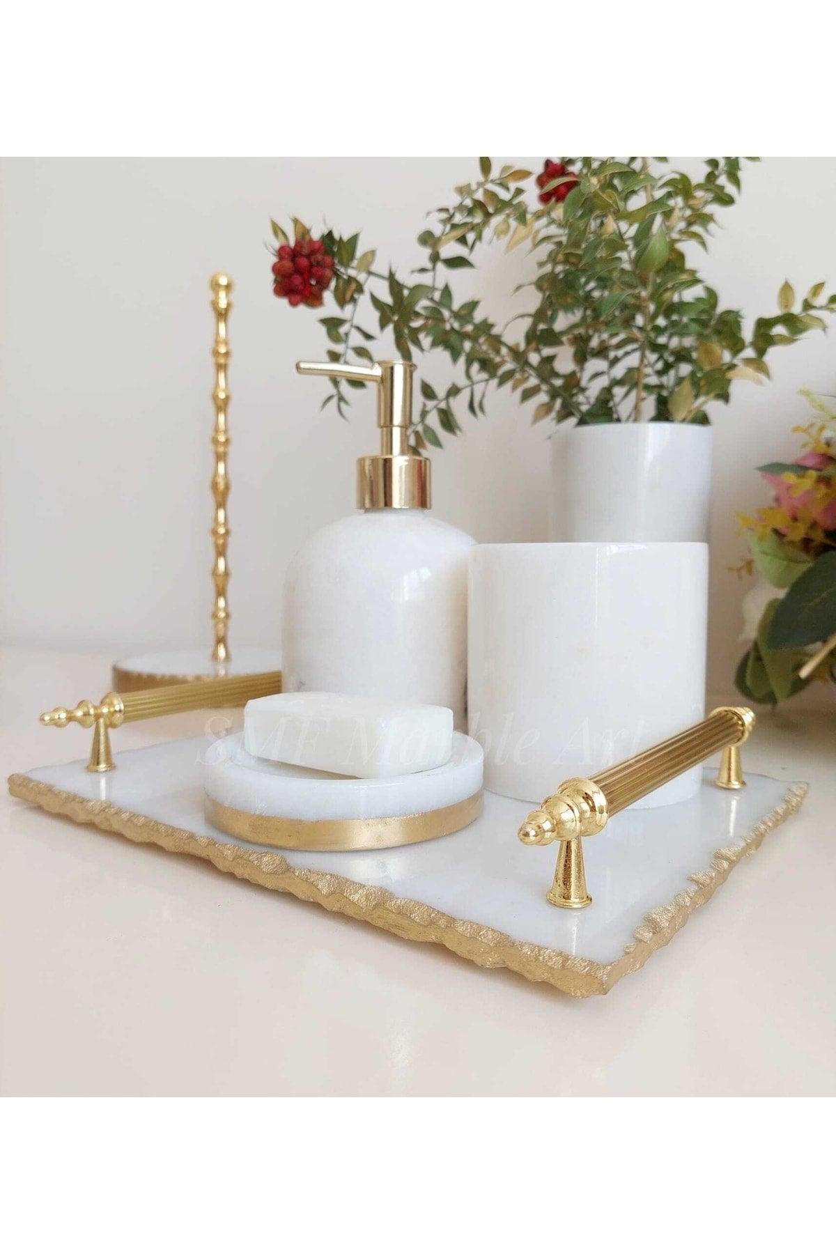 Royal Cream - Natural White Marble Bathroom Set of 6 | Ball Object | Gold | - Swordslife