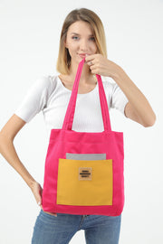Fuchsia/Gray/Mustard U22 3-Compartment Front 2 Pocket Detailed Canvas Fabric Daily Women'S Arm And Shoulder Bag B:35 E