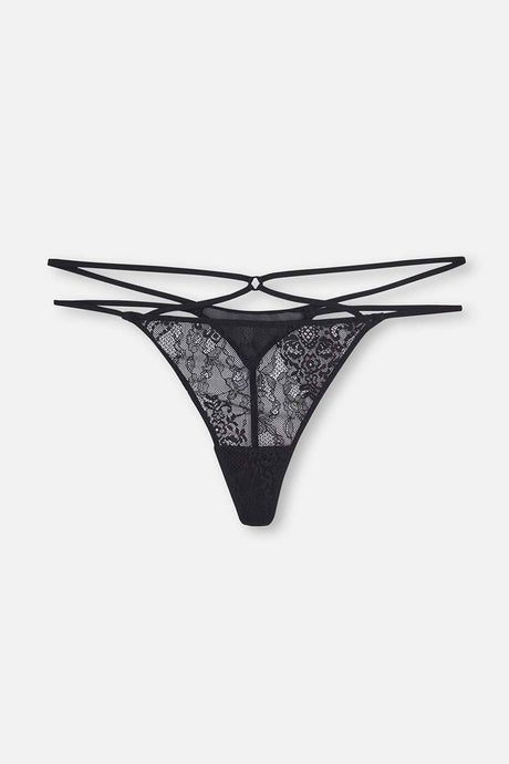Black Lacy Rope Detailed Thong - Swordslife