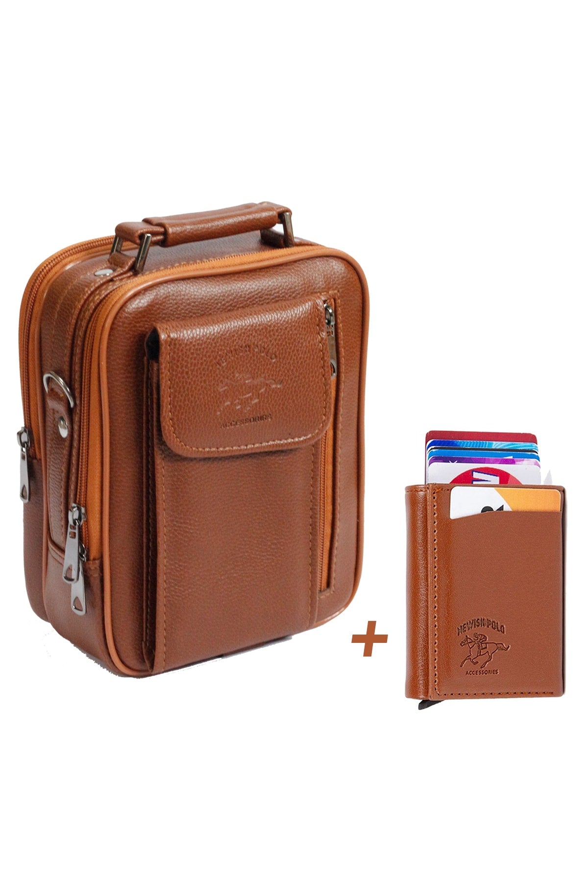 Adelina Tan Leather Steel Case Hand and Shoulder Bag with Phone Compartment and Card Holder Wallet with Mechanism