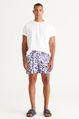 Men's White-Navy Blue Standard Fit Regular Fit Side Pockets Patterned Swimwear Marine Shorts
