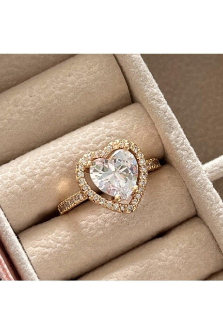Gold Color Heart Shape Lovely Zircon Ring Adjustable Fits Any Finger - Swordslife