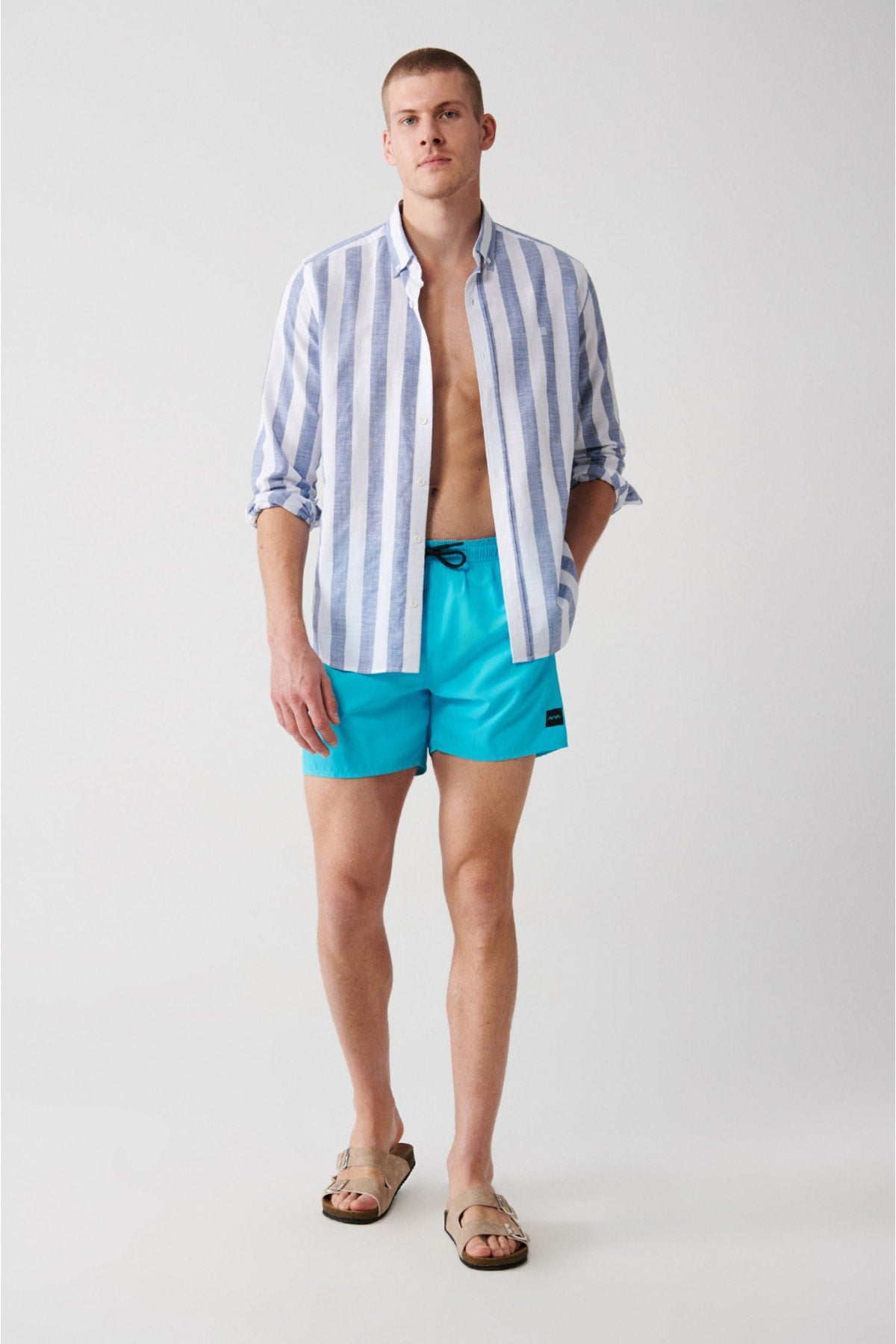 Men's Turquoise Quick Dry Standard Size Straight Swimwear Marine Shorts E003801