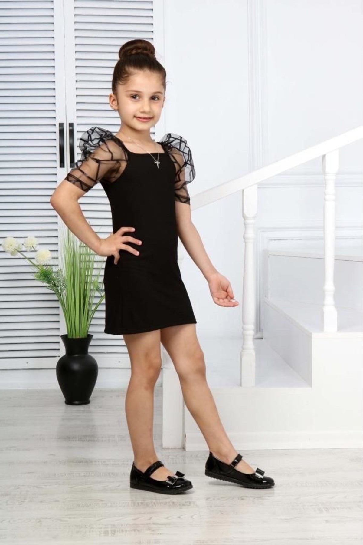 Girl's Black Dress With Sleeves Tulle Evening Dress 4-15 Years