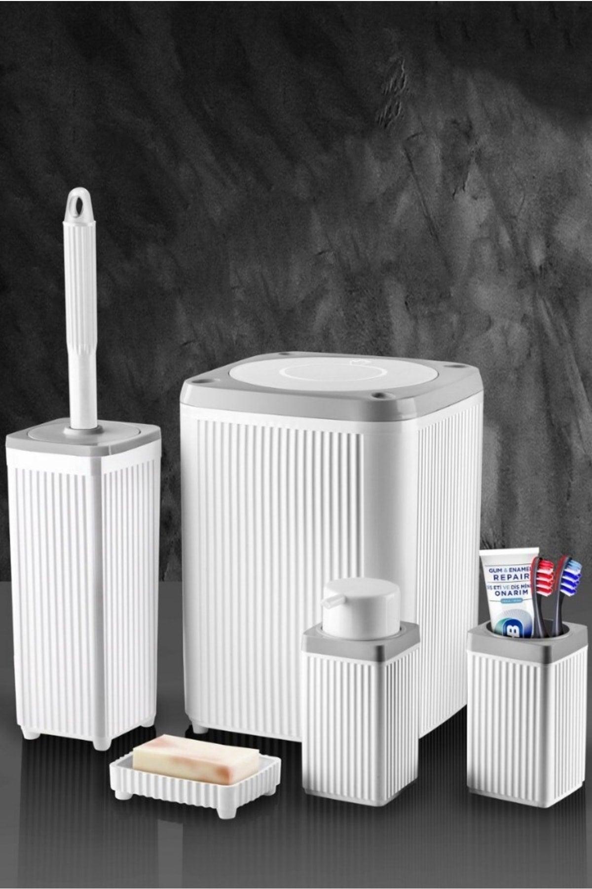 Trash Can Toilet Brush Liquid Soap Dispenser Toothbrush Holder Solid Soap Dispenser 5 Pieces Square Bathroom Set 5 Liters - Swordslife