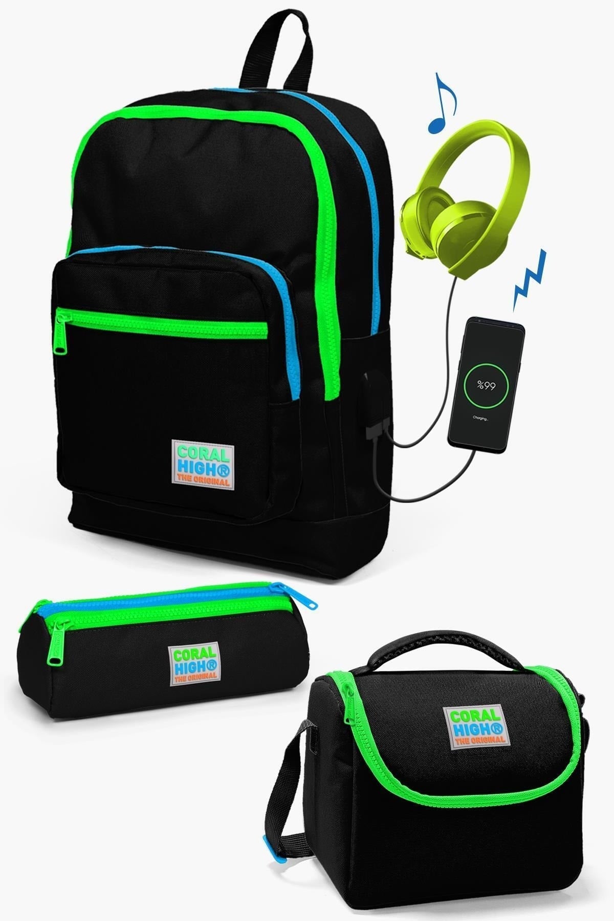 Kinder Schwarz USB 3 tlg Schulranzen Set0123817