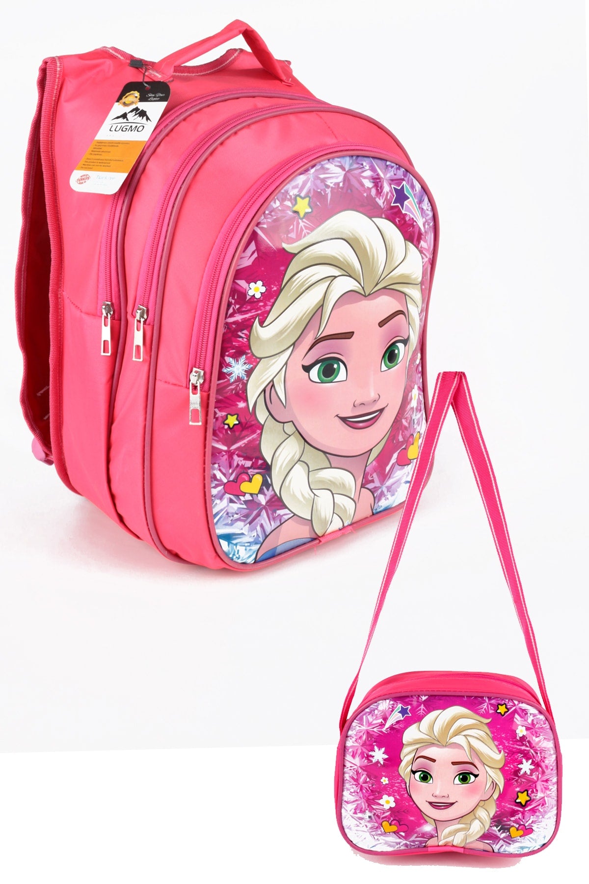 Middle School Primary School Bag and Lunch Box 3 Pockets Pad Elsa Head Pink
