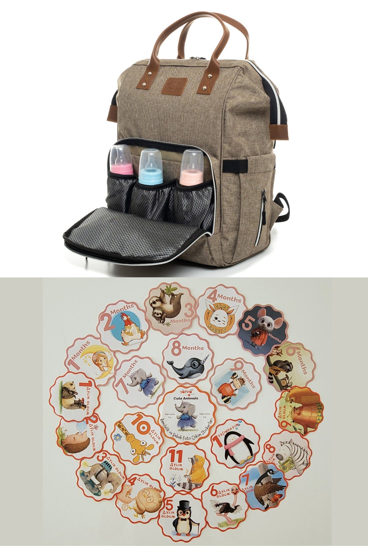 Luxuriöser, wasserdichter, schmutzabweisender Babypflege-Rucksack und Aufkleberset für Schwangerschaft und Baby-Fotoshooting