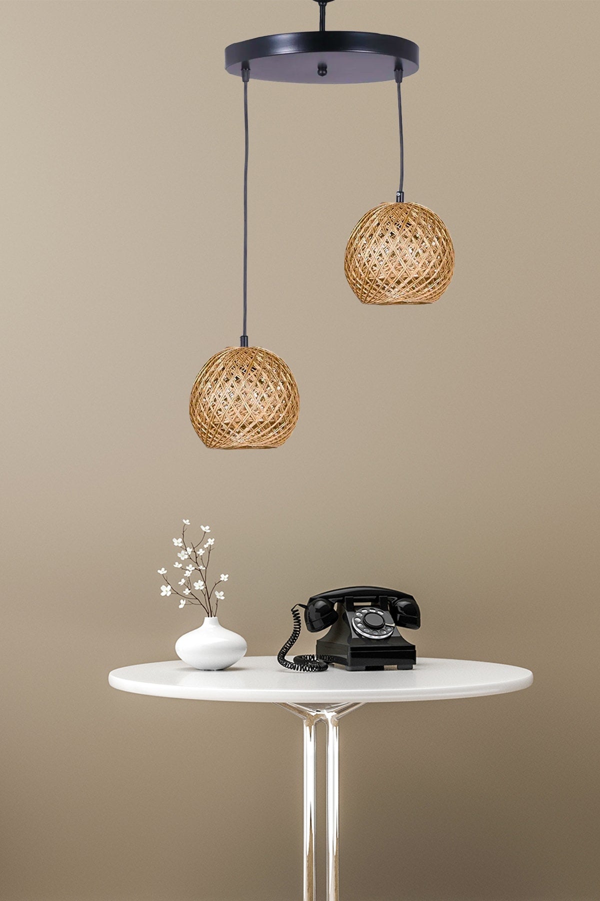Rustic 2-Piece Beige Pendant Lamp Chandelier Living Room, Kitchen, Entrance