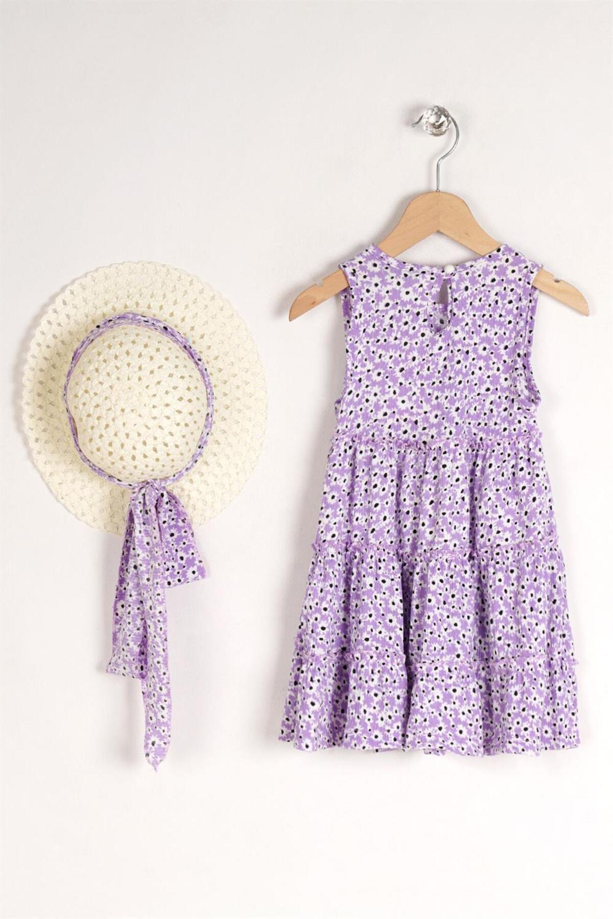 Girl Child Lilac Colored Floral Patterned Dress With Hat Accessory