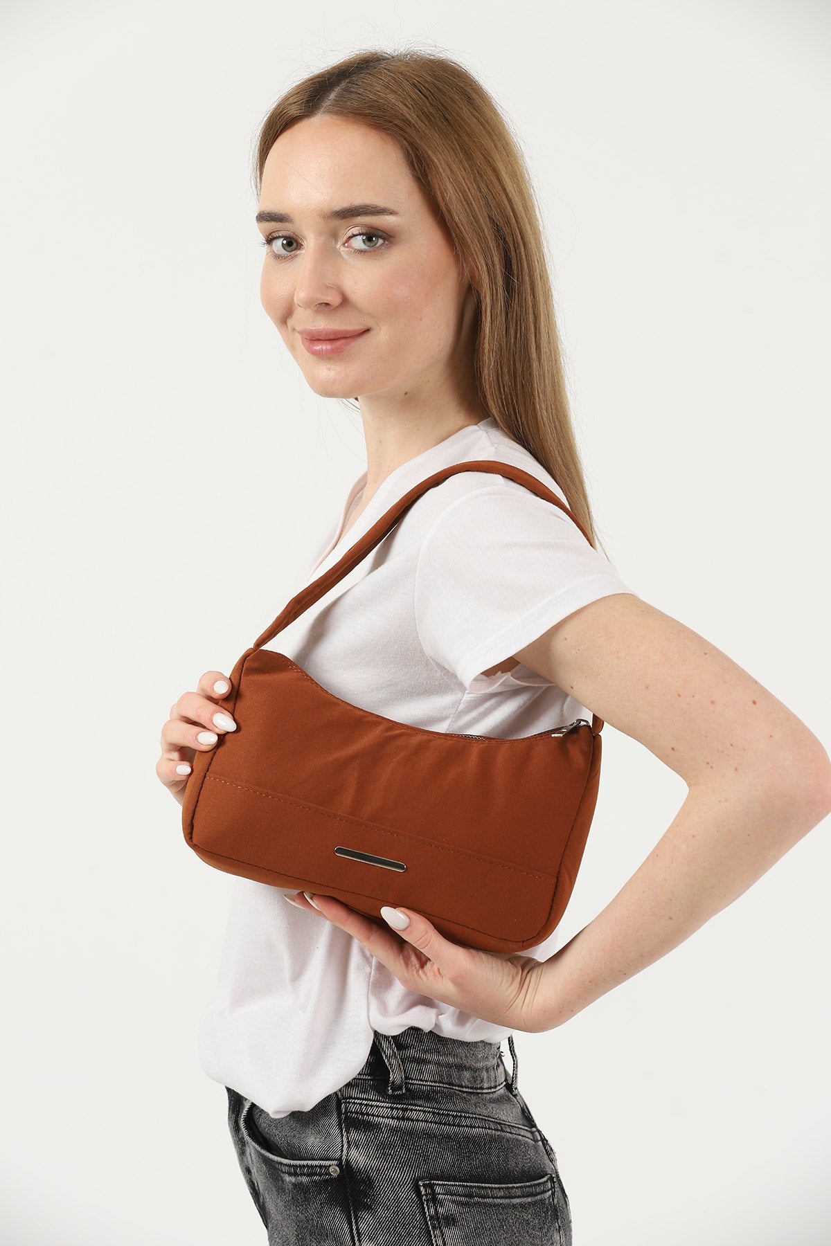 Tile U26 Single Zipper Section Canvas Fabric Women'S Daily Baguette Hand And Shoulder Bag U:13 E:25 G:6
