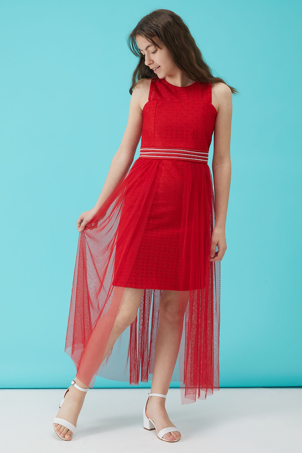Girl Red Stone Detailed Tulle Evening Dress 15159
