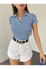Fitted/fitted Polo Neck Short Sleeve Striped Camisole Crop Top Blue White - Swordslife