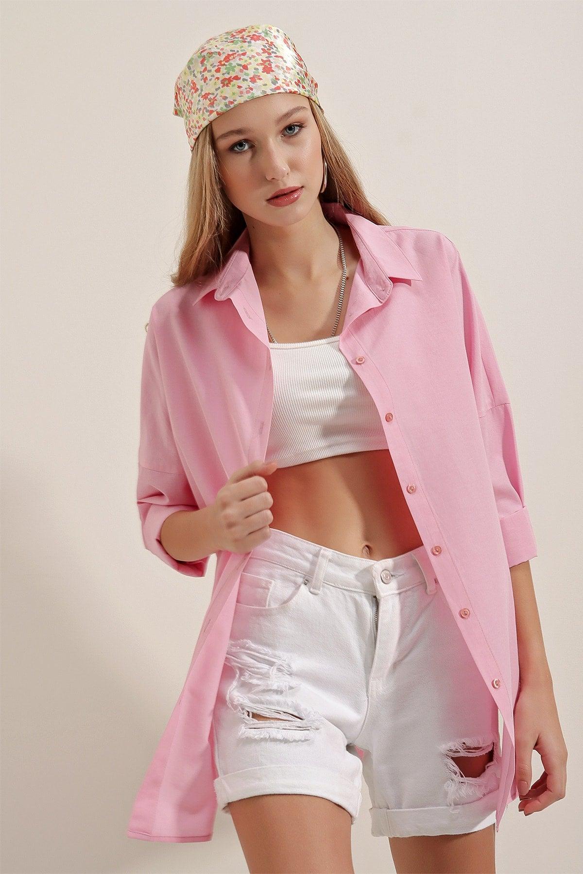 3900 Oversize Long Basic Shirt - Pink - Swordslife