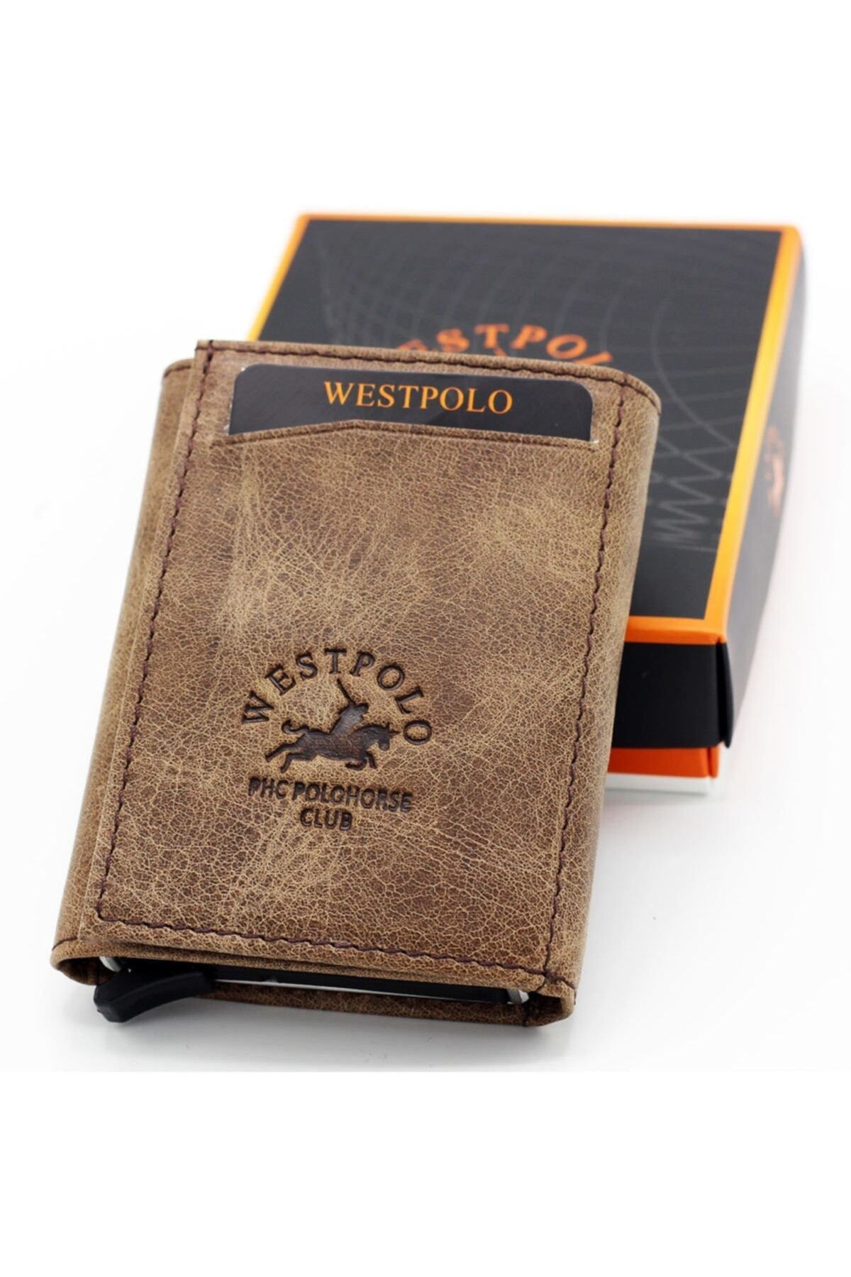 Men'S Brown Genuine Leather Mechanism Wallet Card Holder