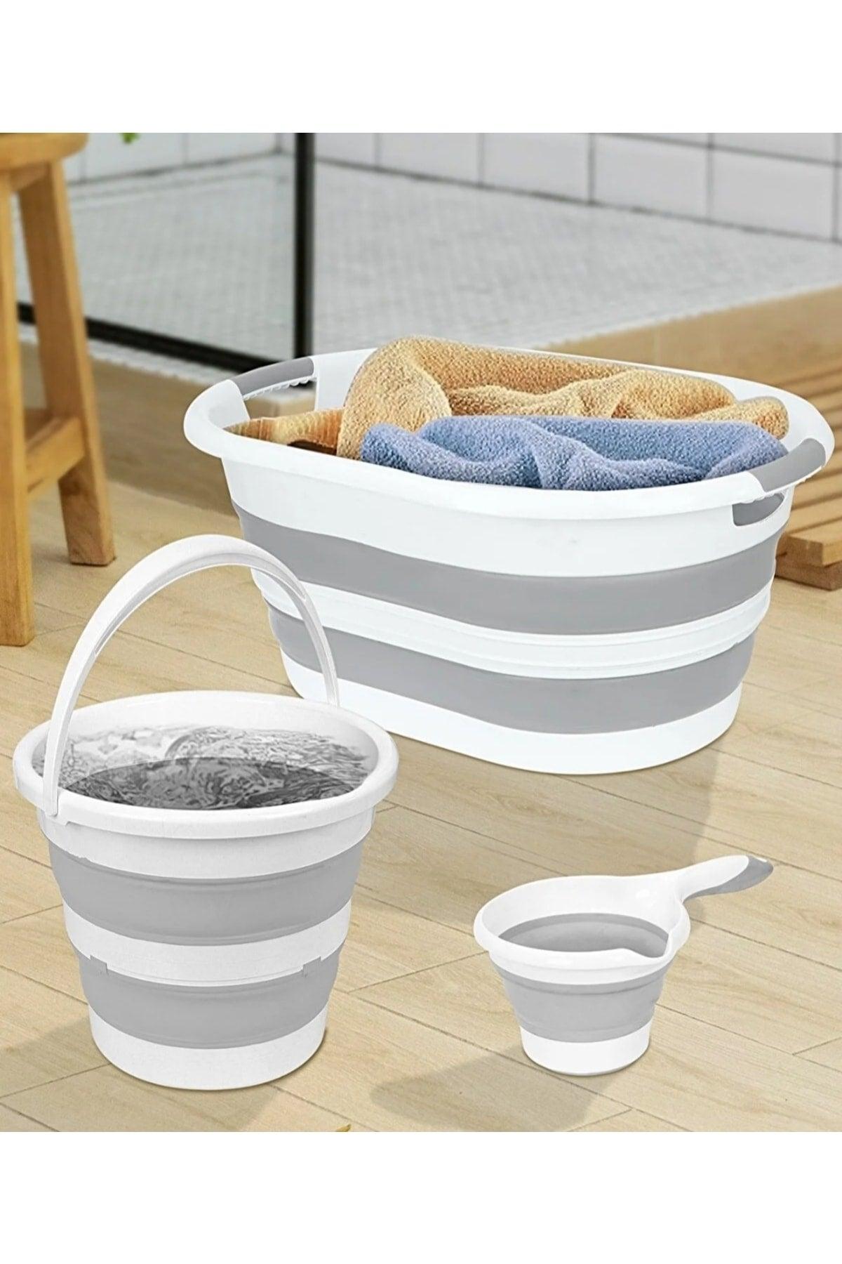 Collapsible Silicone Accordion Bathroom Set Laundry Basket Cleaning Bucket Tong - Swordslife