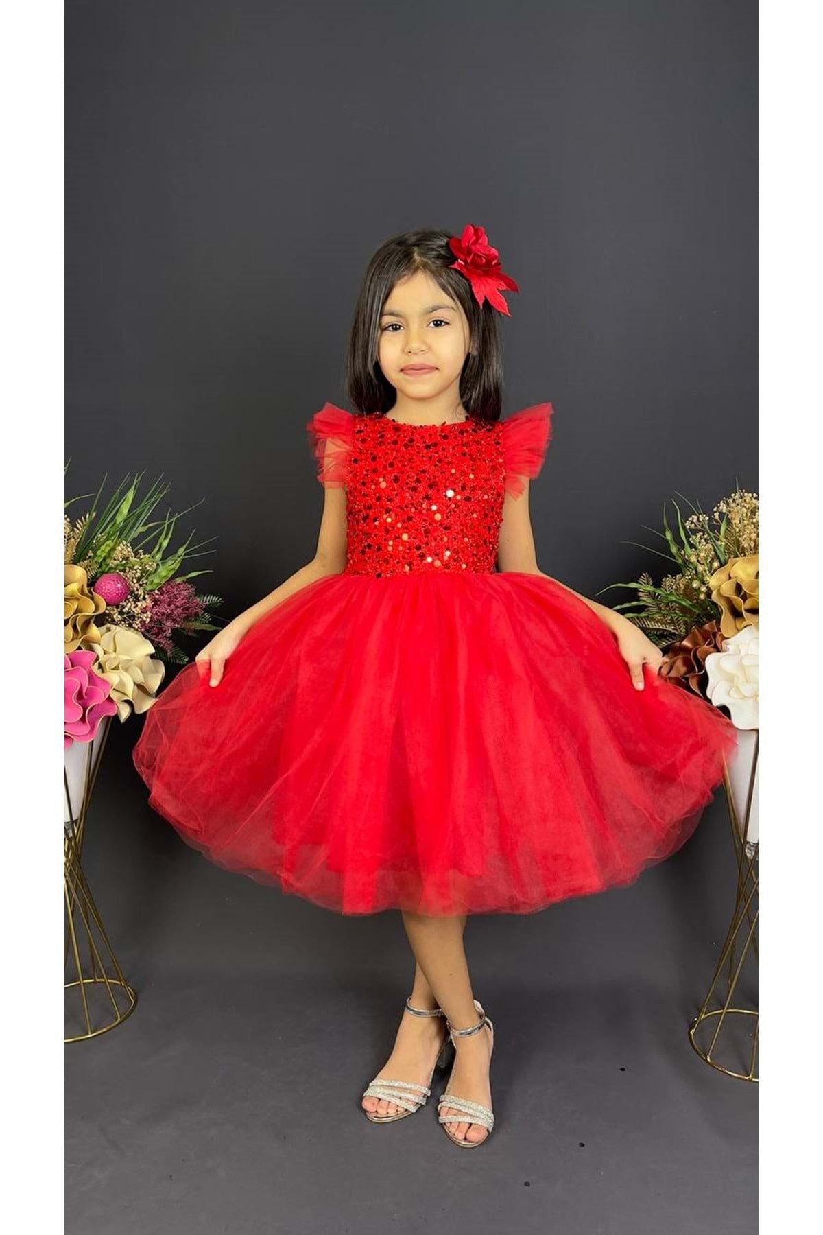 Earring Sequin Sequin Tulle Girl Child Dress MNK0526 RED