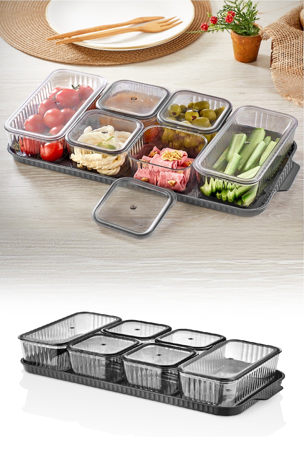 6 Rectangular Compartment Covered Breakfast Set Acrylic