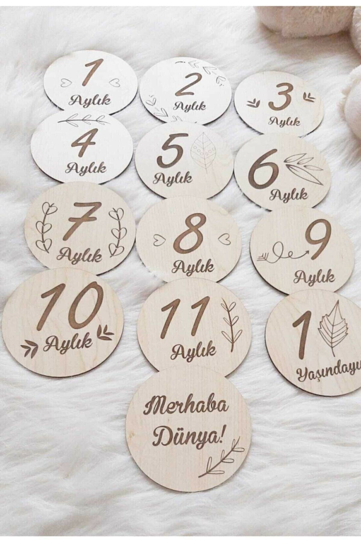 Turkish Monthly Plaque Set Wooden Baby Photo Cards 12 Cm 13 Pieces