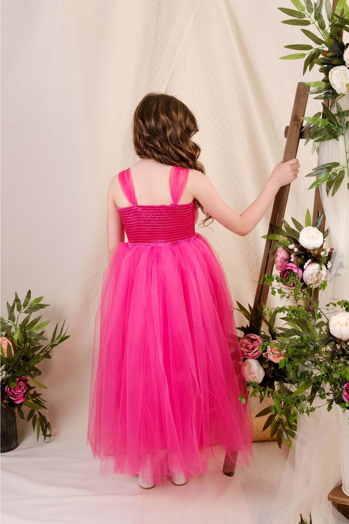 Girl's Satin Evening Dress with Back Gipe and Tulle Fuchsia