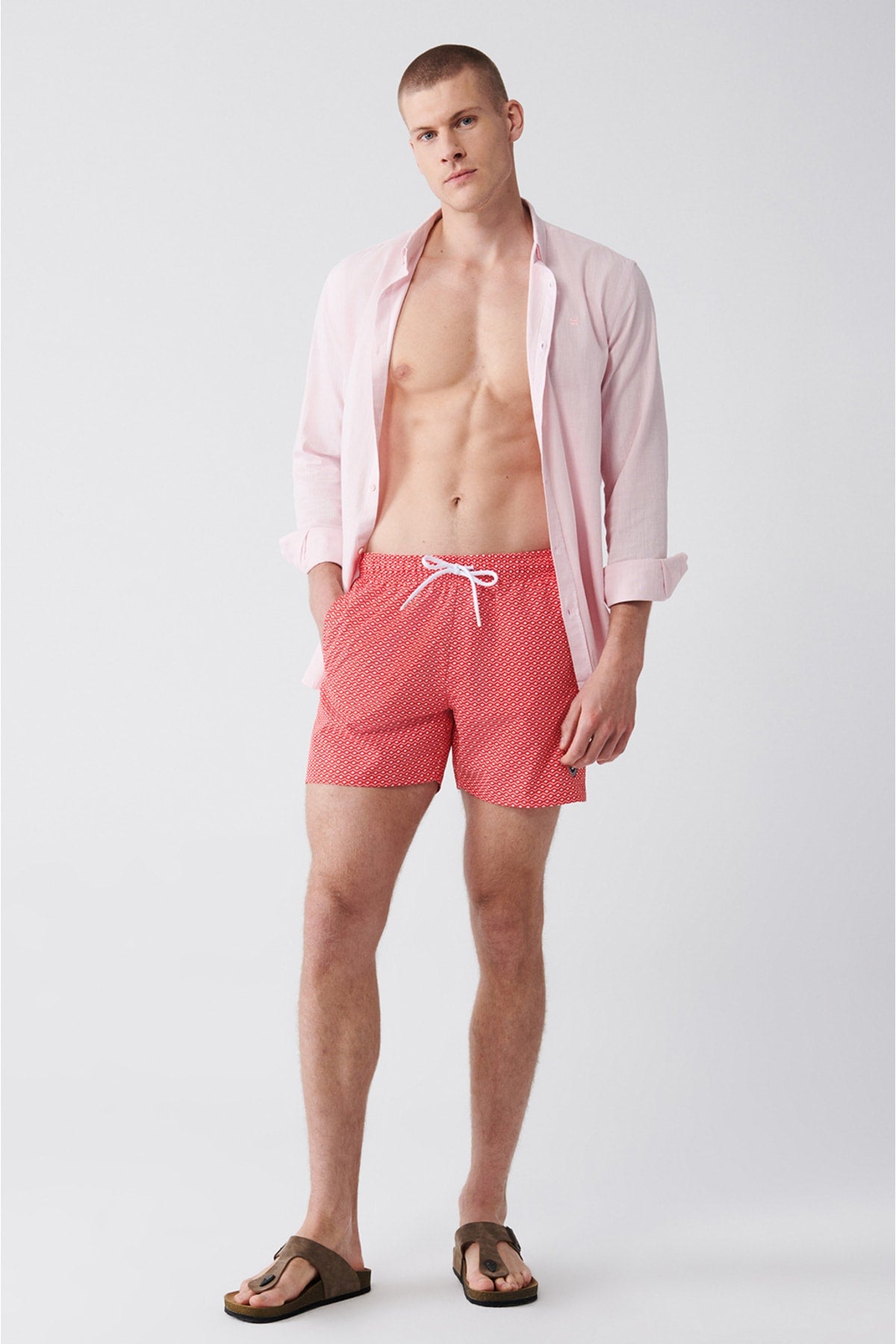Men's Red-white Quick Dry Printed Standard Size Swimwear Marine Shorts E003802