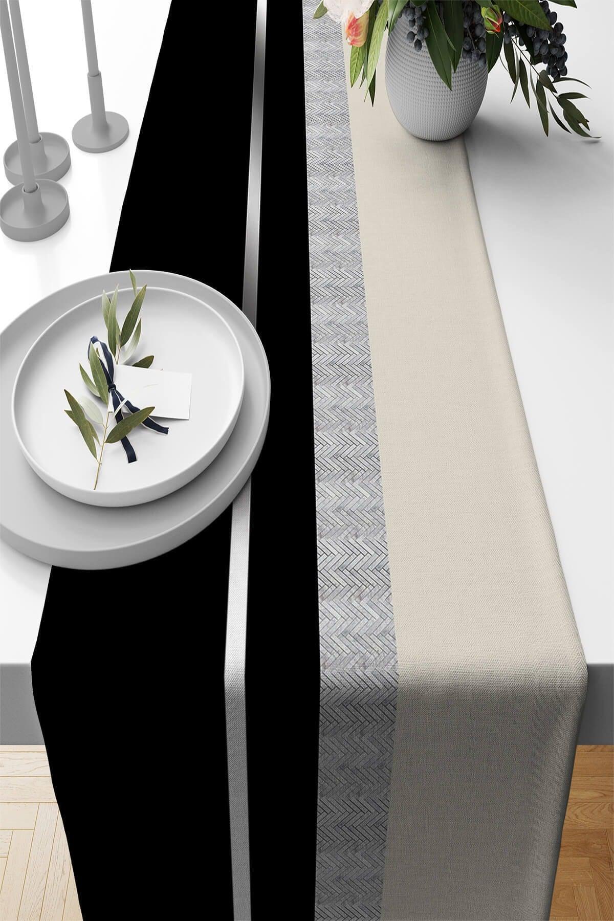 Silver Black Woven Stain Resistant Premium Foal Feather Fabric Table Cloth Runner 40x140cm Rnr568 - Swordslife