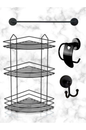 Black Quadruple Bathroom Corner Shower Shelf / Long Towel Holder / Napkin Holder with Narrow Cover / Cutlery Bathrobe Flow - Swordslife