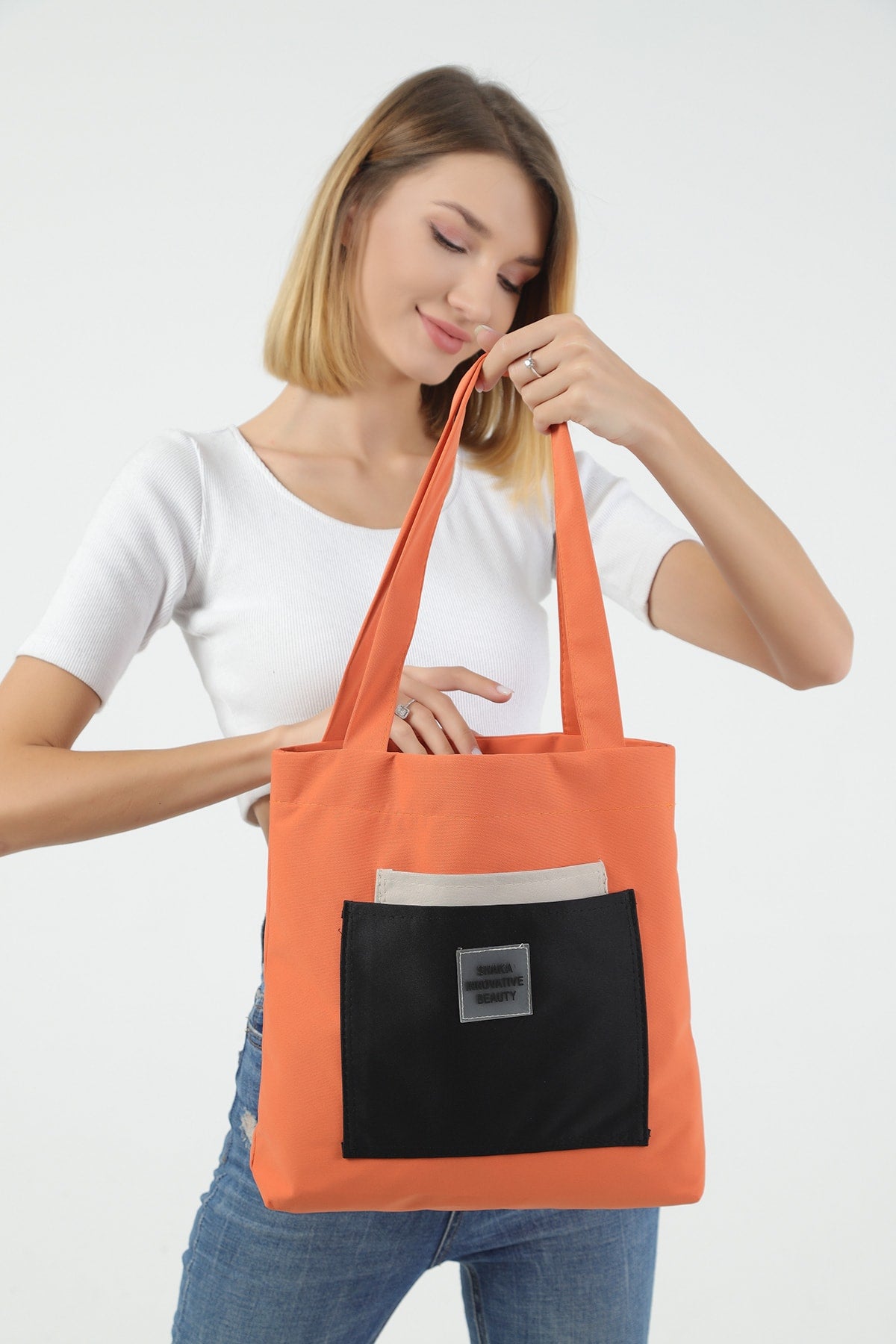 Orange/Cream/Black U22 3-Compartment Front 2 Pocket Detailed Canvas Fabric Daily Women'S Arm And Shoulder Bag B:35