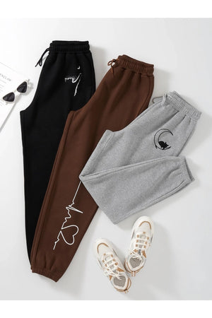 3-Pack Cat And Moon Printed Jogger Sweatpants - Black Gray And Brown Elastic Leg High Waist Summer
