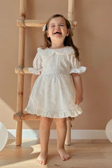 White Short Sleeve Baby Collar Back Ribbon Lined Scalloped Girl Special Occasion Birthday Dress