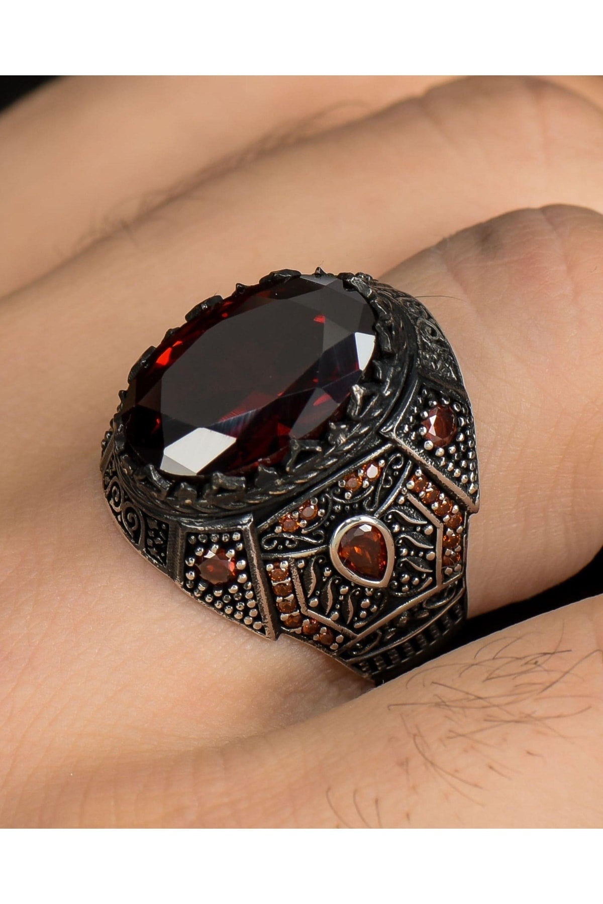 925 Sterling Silver Men's Ring With Red Zircon Stone Zircon Stone Embellished