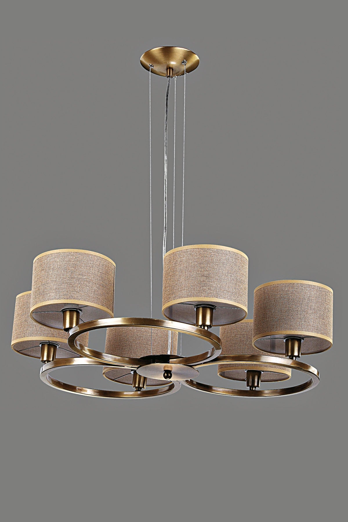 Olimpia 6-Piece Chandelier, Antiqued Metal Case, Light Brown Wicker Pattern Fabric Lampshade