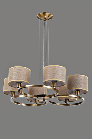 Olimpia 6-Piece Chandelier, Antiqued Metal Case, Light Brown Wicker Pattern Fabric Lampshade