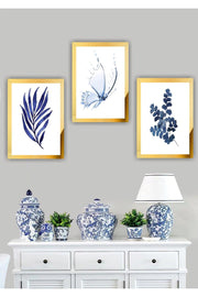 3 Pieces Blue Flower Home Decoration Plexi Framed Mirrored Shiny Decor Mdf Multi Table Set - Swordslife