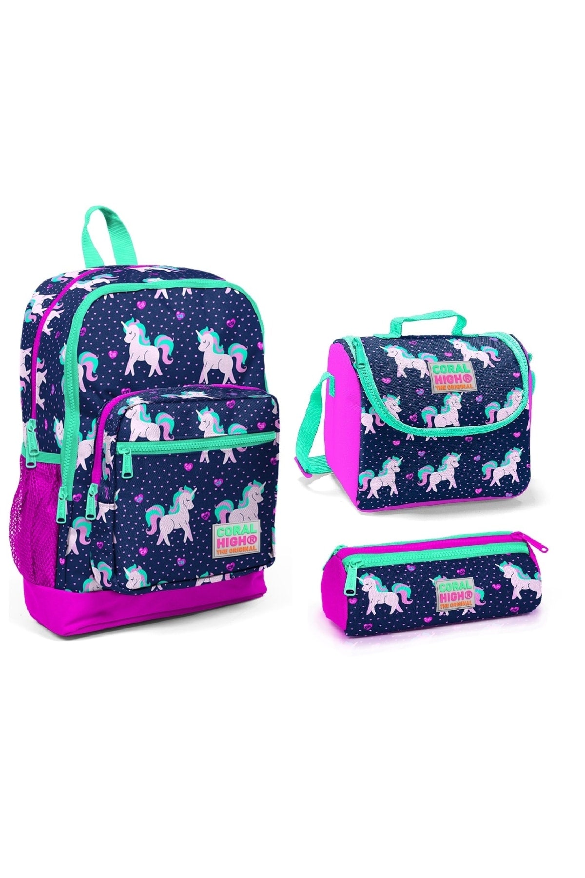 Kids Four Compartment Unicorn Navy Blue 3-Piece School Bag Set