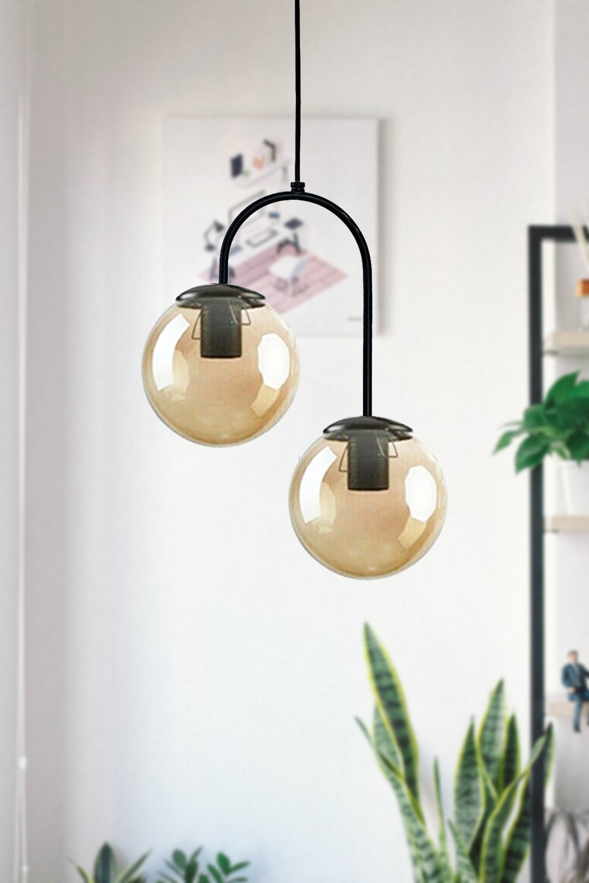 Janin Modern Pendant Lamp Black Color Body Honey Glass Living Room - Kitchen - Bedroom 2 Piece Chandelier