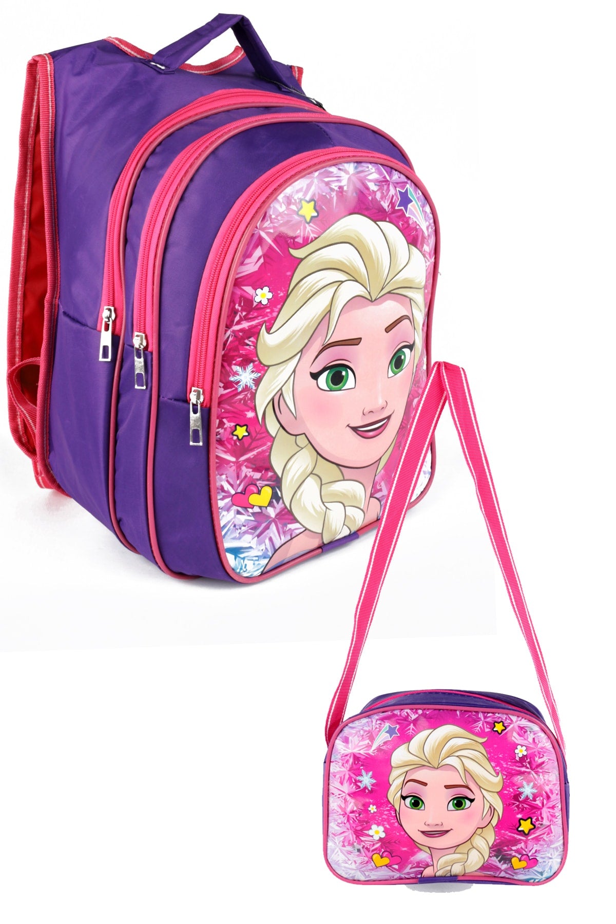 Middle School Primary School Bag and Lunch Box 3 Pockets Padded Princess Head Purple