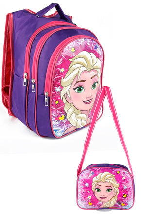 Middle School Primary School Bag and Lunch Box 3 Pockets Padded Princess Head Purple