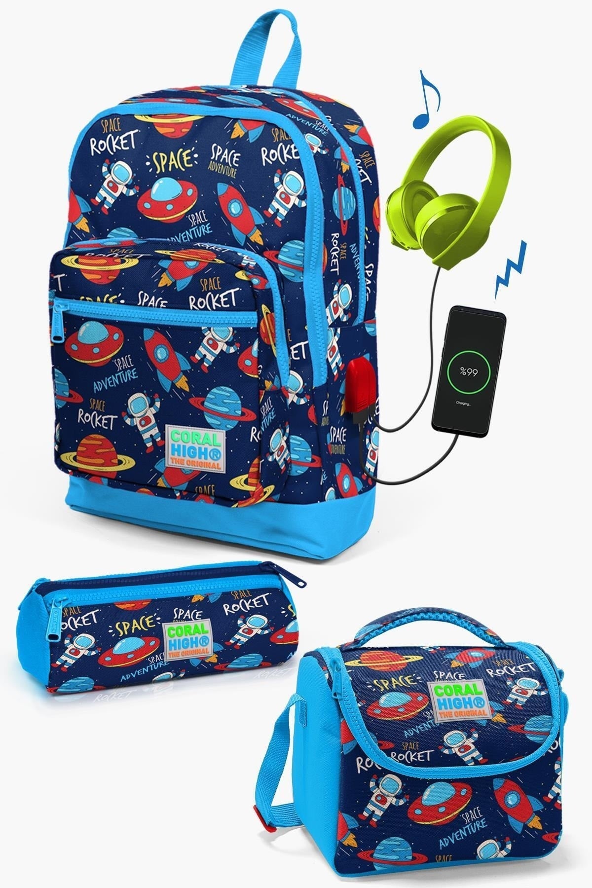 Kids Navy Blue Space Patterned Usb 3-Piece School Bag Set Set0123280