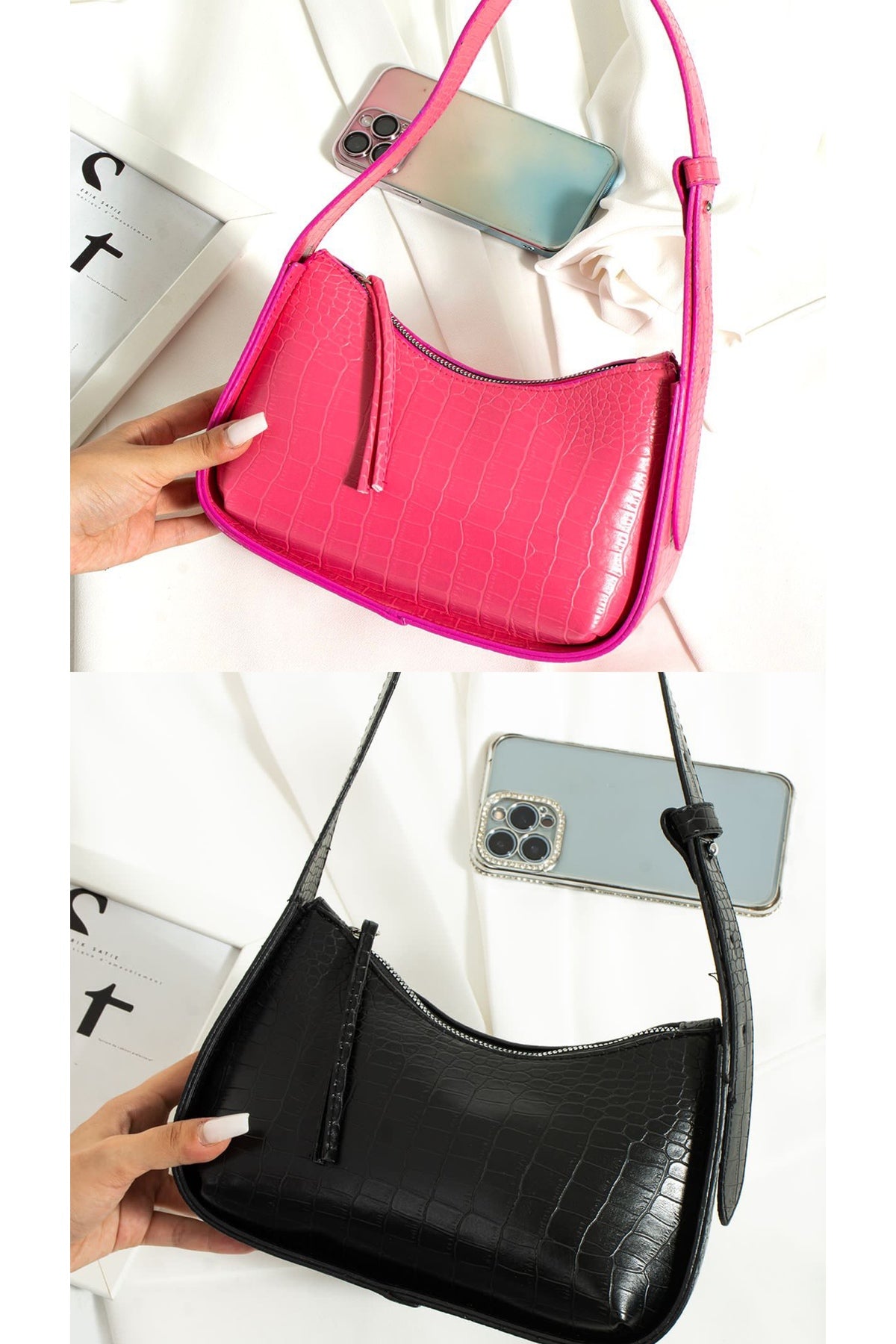 Women'S 2-Pack Crocodile Patterned Baguette Bag Stylish Daily Use Hand Bag
