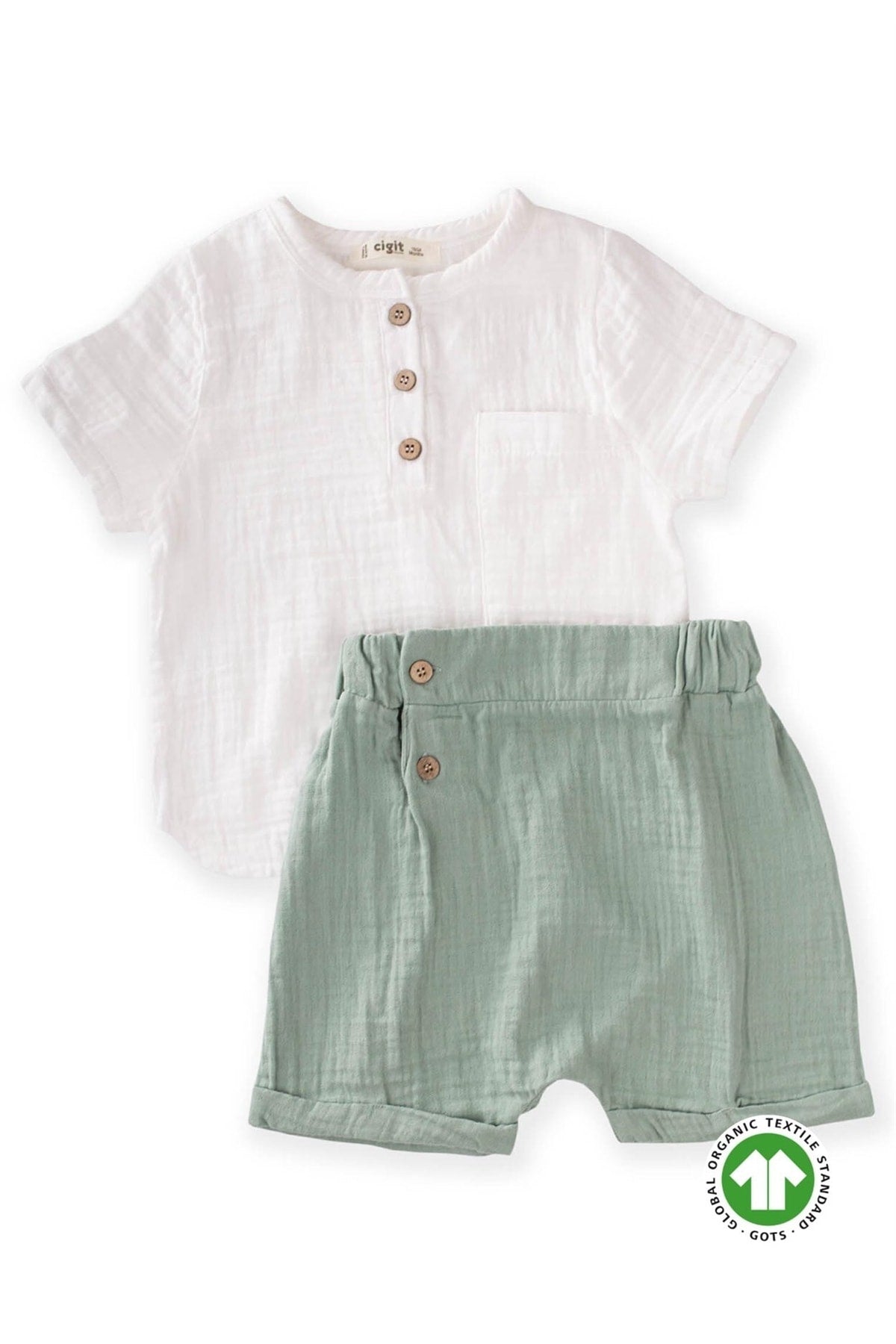 Organic Muslin Half Pop Shirt Shorts Set 1-5 Years Ecru