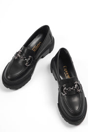 Capone Oval Toe Metal Buckle Trak Sole Black Women'S Loafers