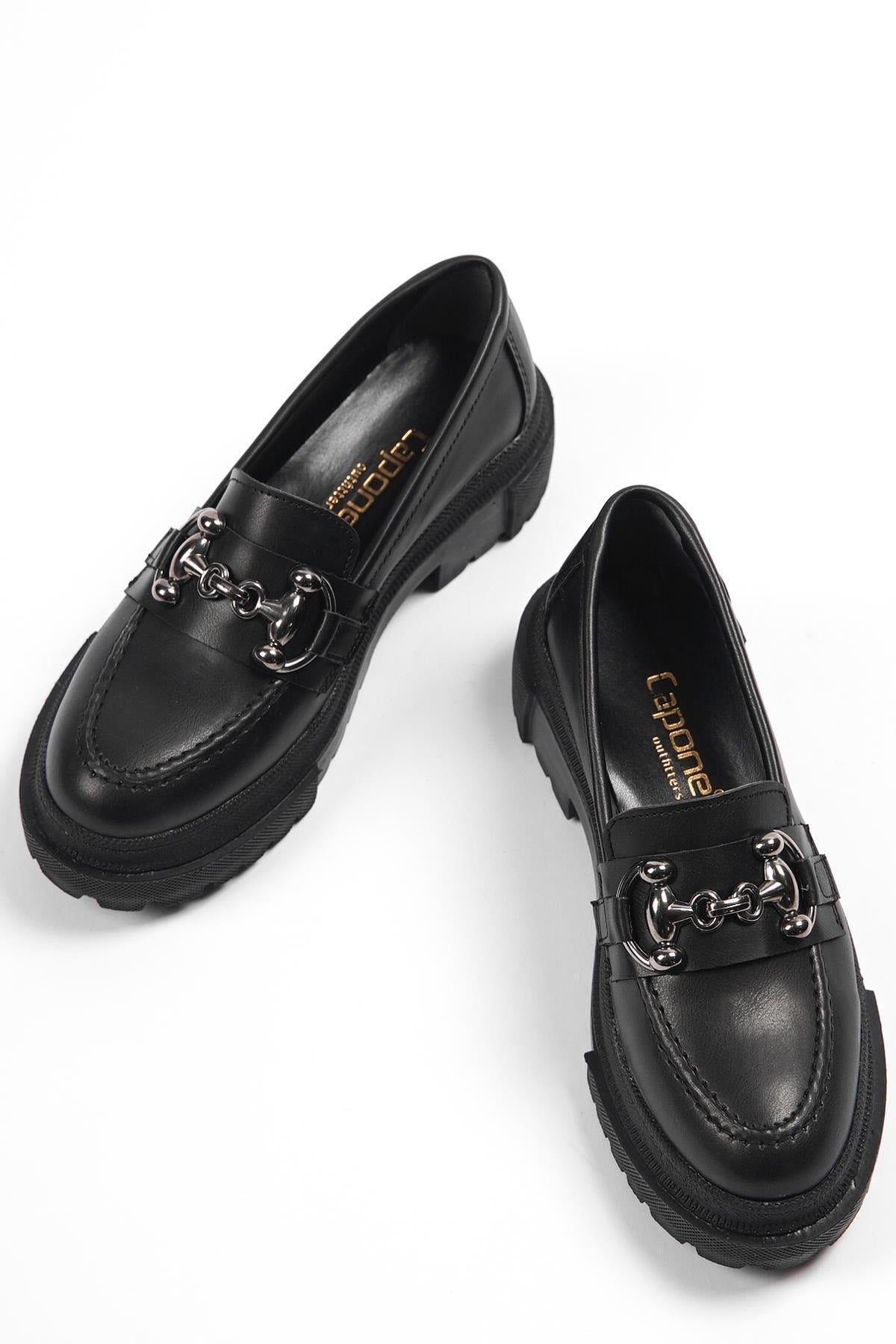 Capone Oval Toe Metal Buckle Trak Sole Black Women's Loafers