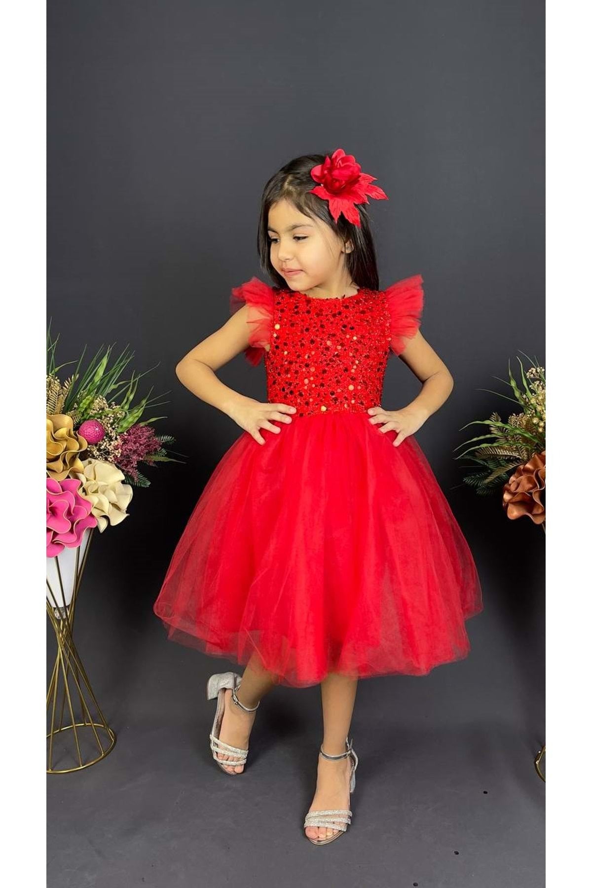 Earring Sequin Sequin Tulle Girl Child Dress MNK0526 RED