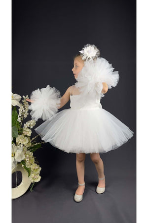 Chiffon Robe Pompom Ärmel Pailletten Mädchen Flauschigen Rock Tüll Abendkleid Weiß