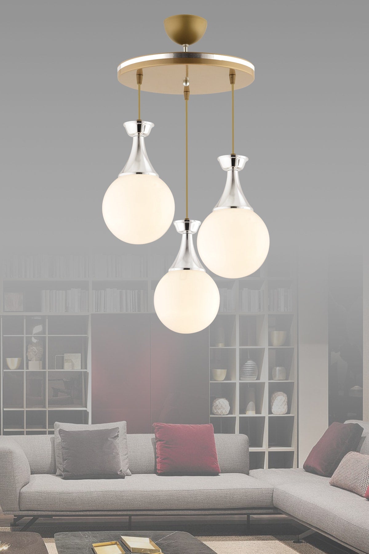 Minel 3-Piece Tray Pendant Lamp Antiqued Chrome White Glop Glass Lighting