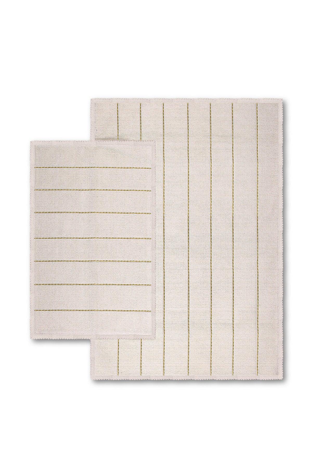 Basic Stripe Natural Cotton 2 Pcs Bathroom Rug Set 60x100 50x60 Cm Ecru/Yellow Striped - Swordslife