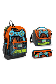 Kids Gray Orange Gamer Patterned 3-Pack School Bag Set
