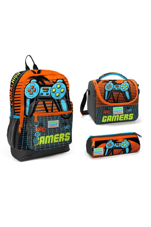 Kids Gray Orange Gamer Patterned 3-Pack School Bag Set