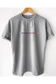 Men'S Gray Chest Slim Stripe Paris Printed Oversize Crew Neck T-Shirt